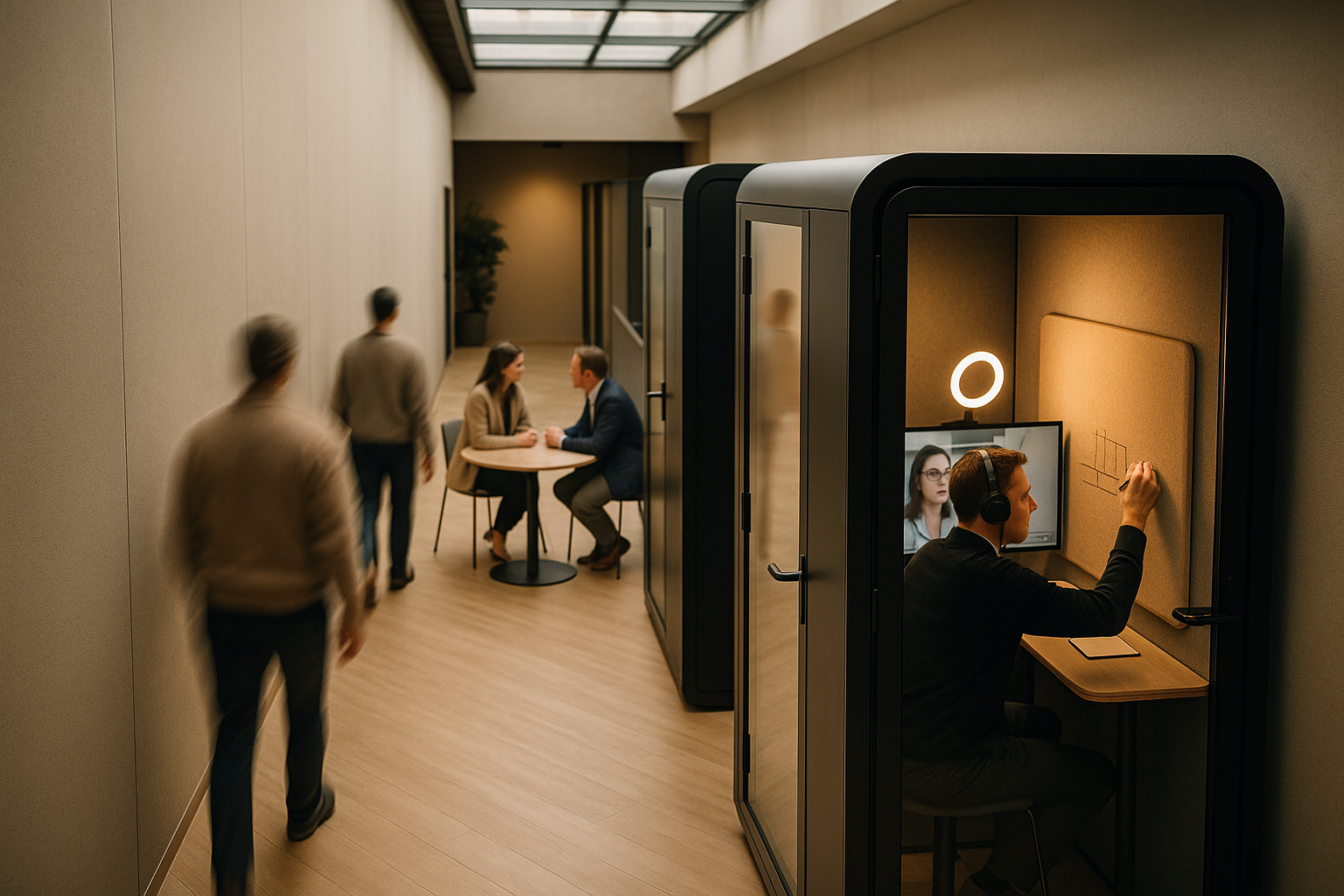 Medewerker in geluidsdichte cabine tijdens videovergadering