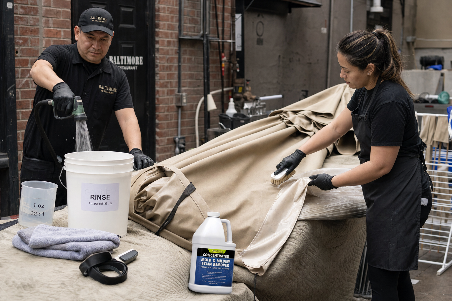 Schoonmaken parasoldoek horeca