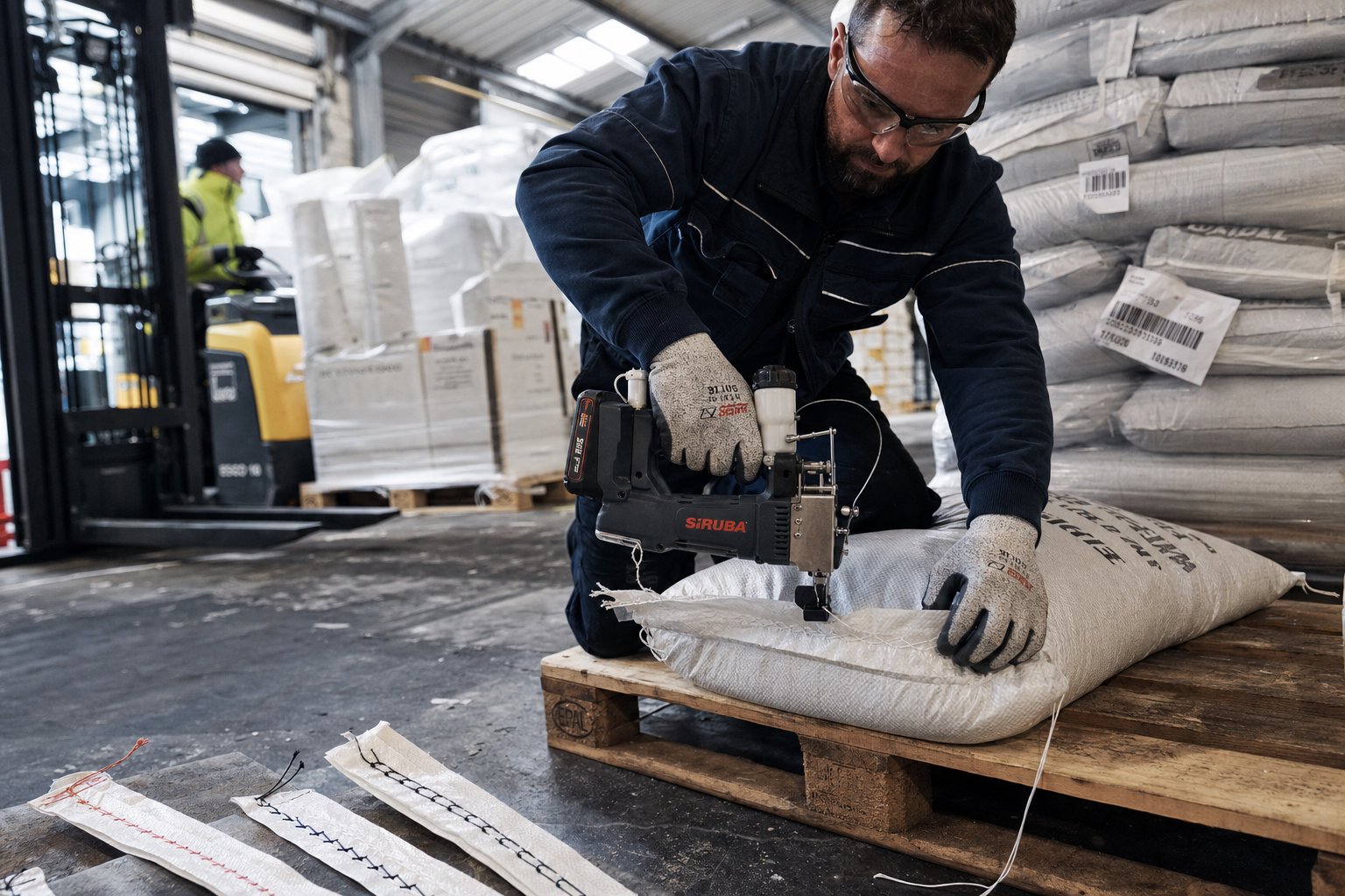 Afstelling van draadspanning op zakkennaaimachine