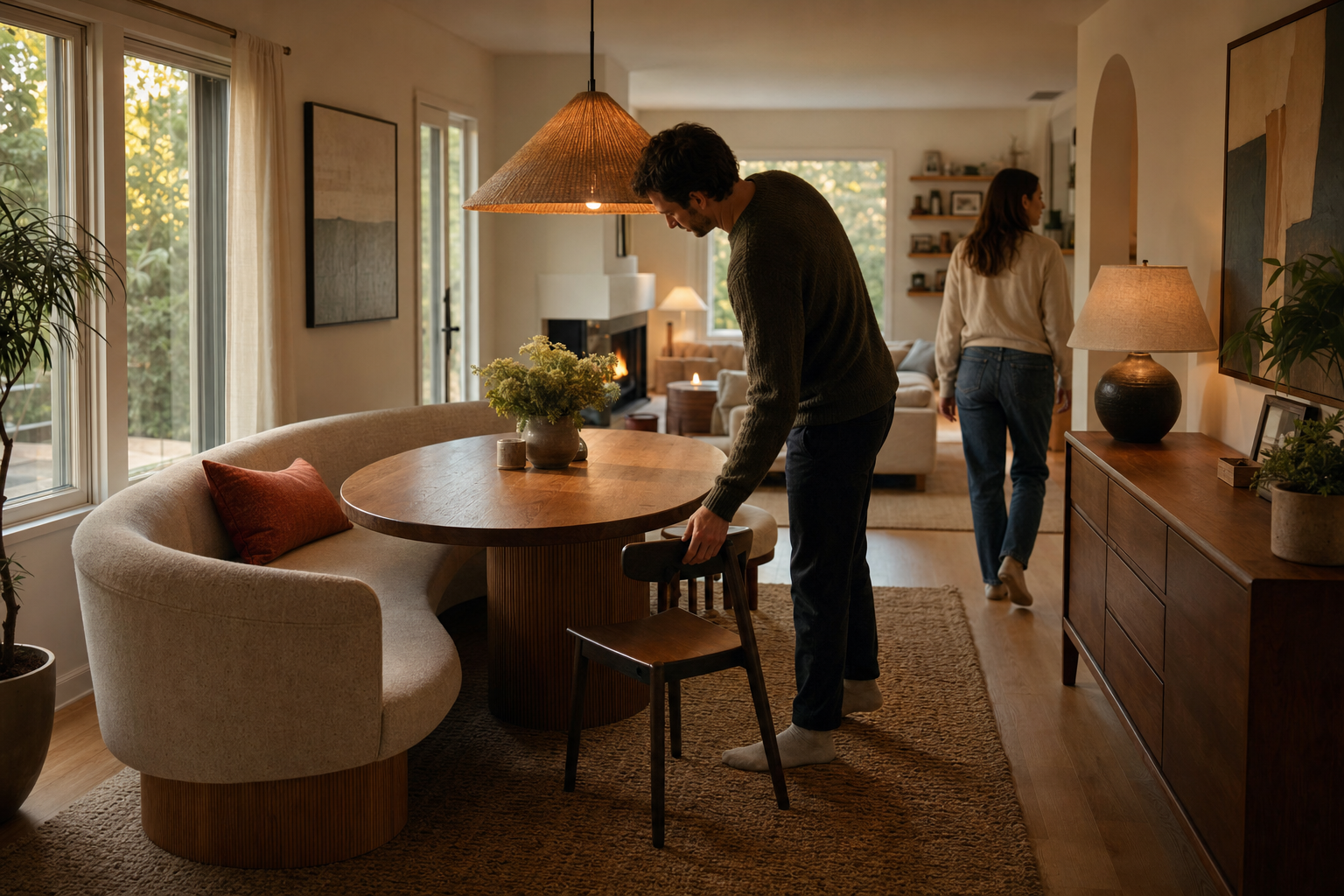 Loopruimte rond ovale eettafel met bank en stoelen